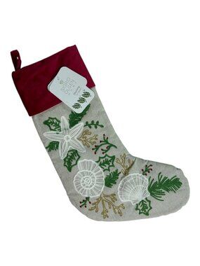 Sigrid Olsen Embroidered Sea Shell Christmas Stocking Coastal Beach House NWT